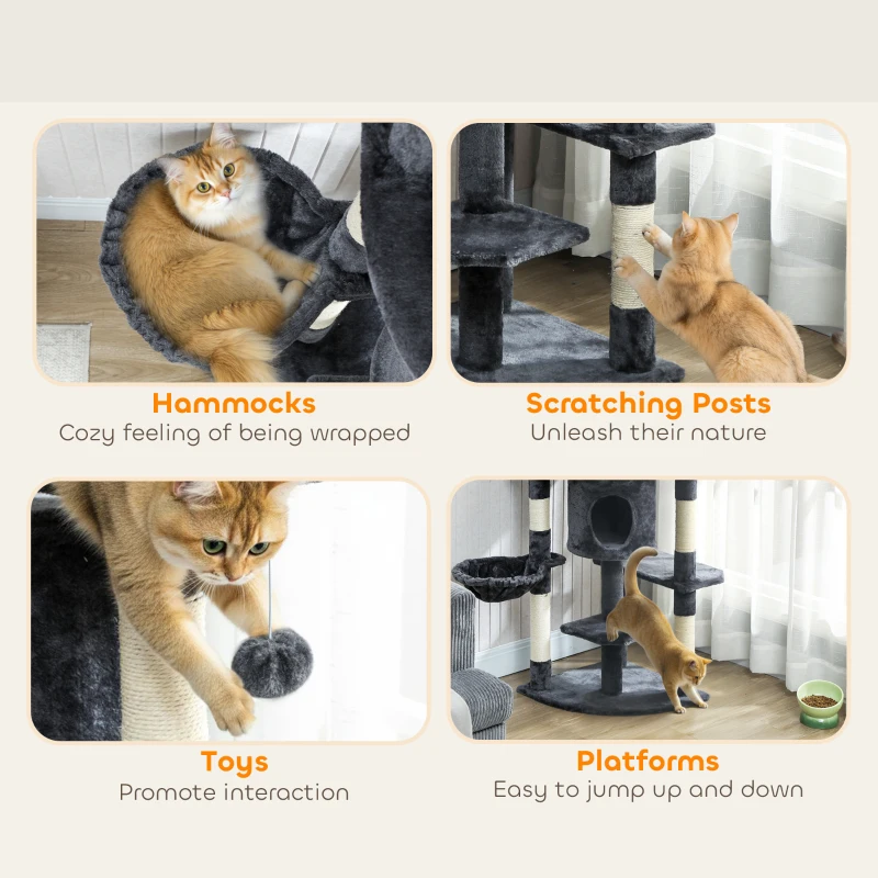 PawHut 62" Cat Tree with Scratching Post, 2 Condos, Hammock, Perches, Plush, Pompoms, for Indoor Cats, Dark Grey