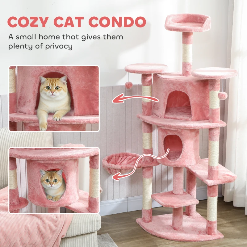 PawHut 62" Cat Tree with Scratching Post, 2 Condos, Hammock, Perches, Plush, Pompoms, for Indoor Cats, Pink