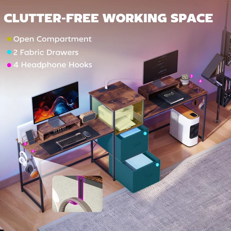 HOMCOM 96 Inch Gaming Desk, Dual Computer Desk for 2 Person with Power Outlets and Monitor Stands, Rustic Brown