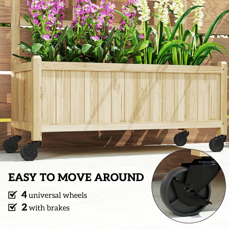 Outsunny Wooden Planter with Trellis, Raised Garden Bed with Wheels, Drainage Holes for Climbing Plants, Flowers, Nature Wood