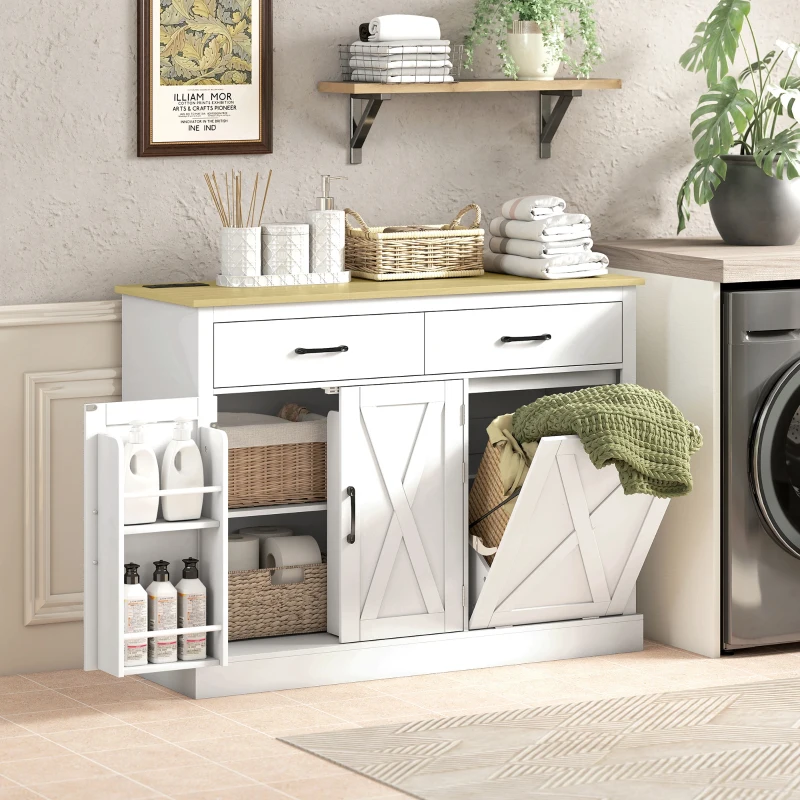 HOMCOM 7 Gallon Tilt Out Garbage Cabinet, Kitchen Island with Charging Station, 2 Drawers, 4 Door Racks, White