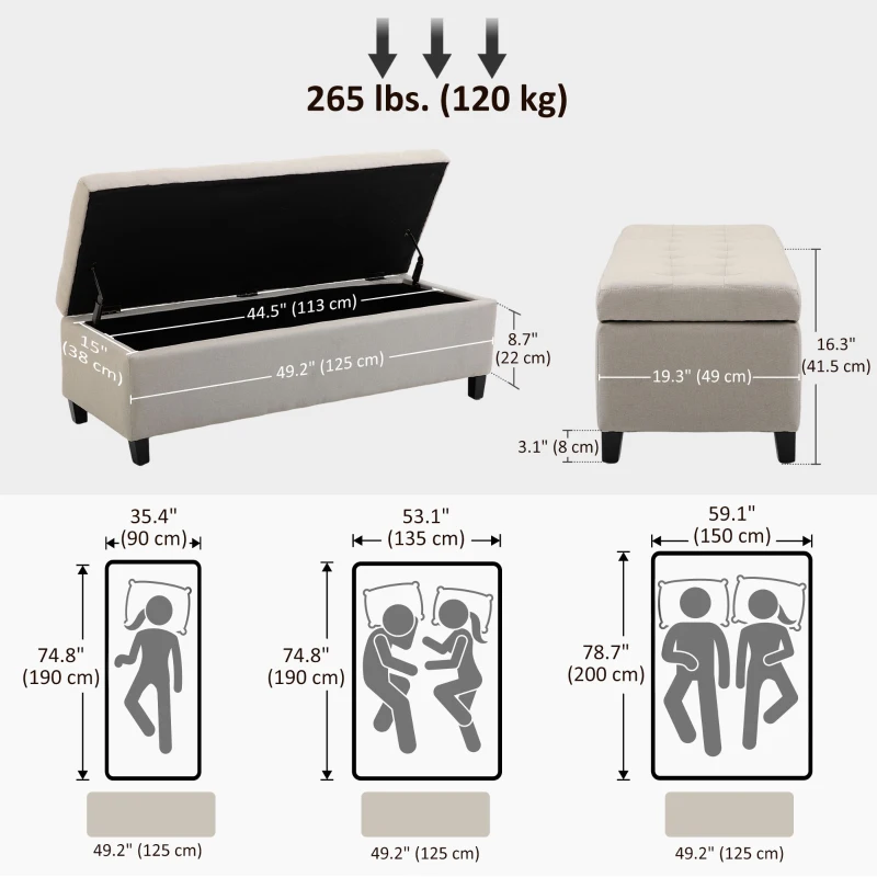 HOMCOM Rectangular Entry Bench, Tufted Upholstered Linen Fabric Wood Feet Storage Ottoman Bench, Beige