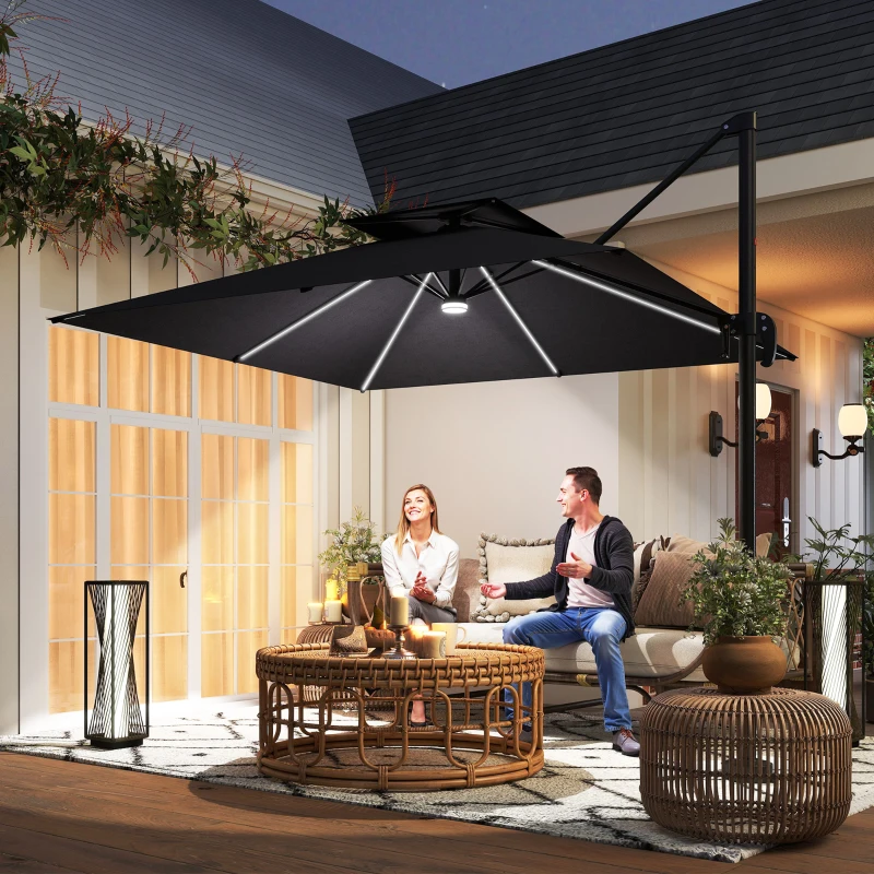 Outsunny 8' Cantilever Patio Umbrella with LED Lights, 360°Rotation, Tilt & Height Adjustment, Crank, Cross Base, Dark Grey