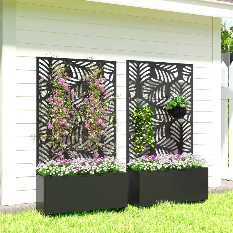 Outsunny Metal Planter Box with Trellis, Raised Garden Bed with Monstera Leaf Cut-Out Privacy Screen and Wheels