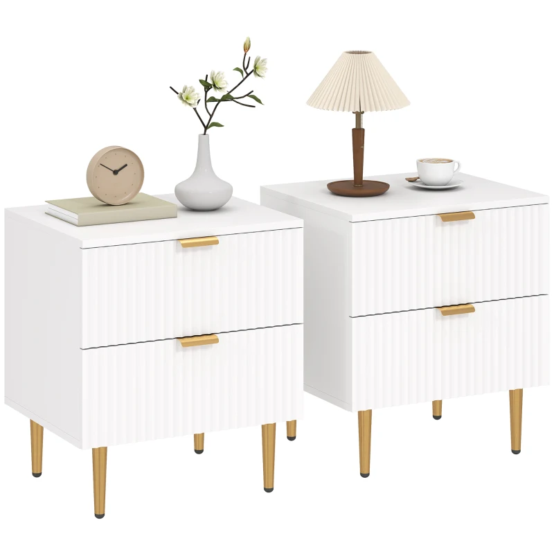 HOMCOM Bedside Table, Modern Nightstand with 2 Drawers, Side End Table with Metal Legs for Living Room, Bedroom, White