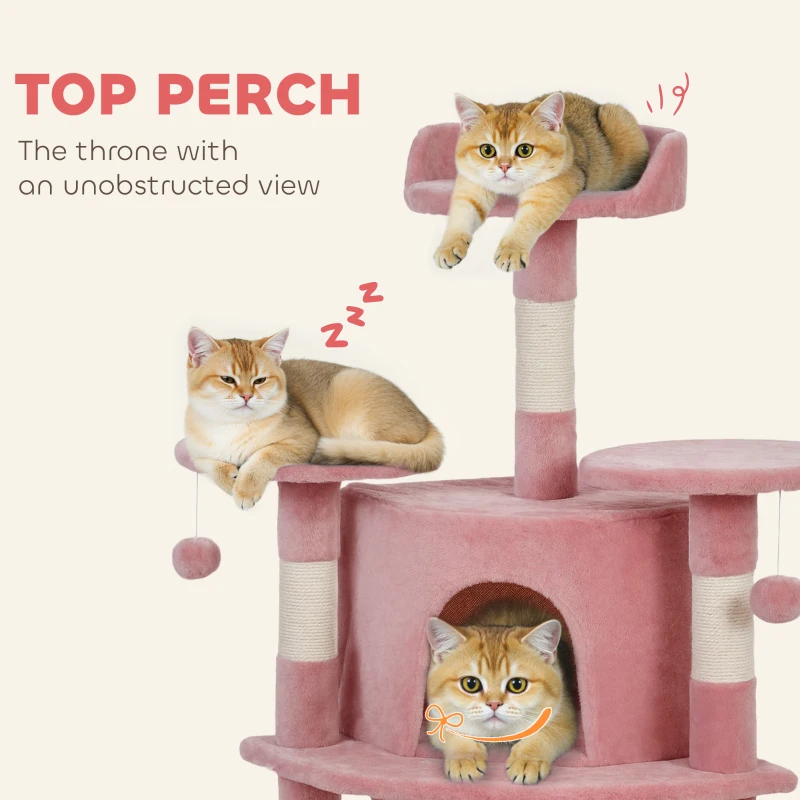 PawHut 62" Cat Tree with Scratching Post, 2 Condos, Hammock, Perches, Plush, Pompoms, for Indoor Cats, Pink