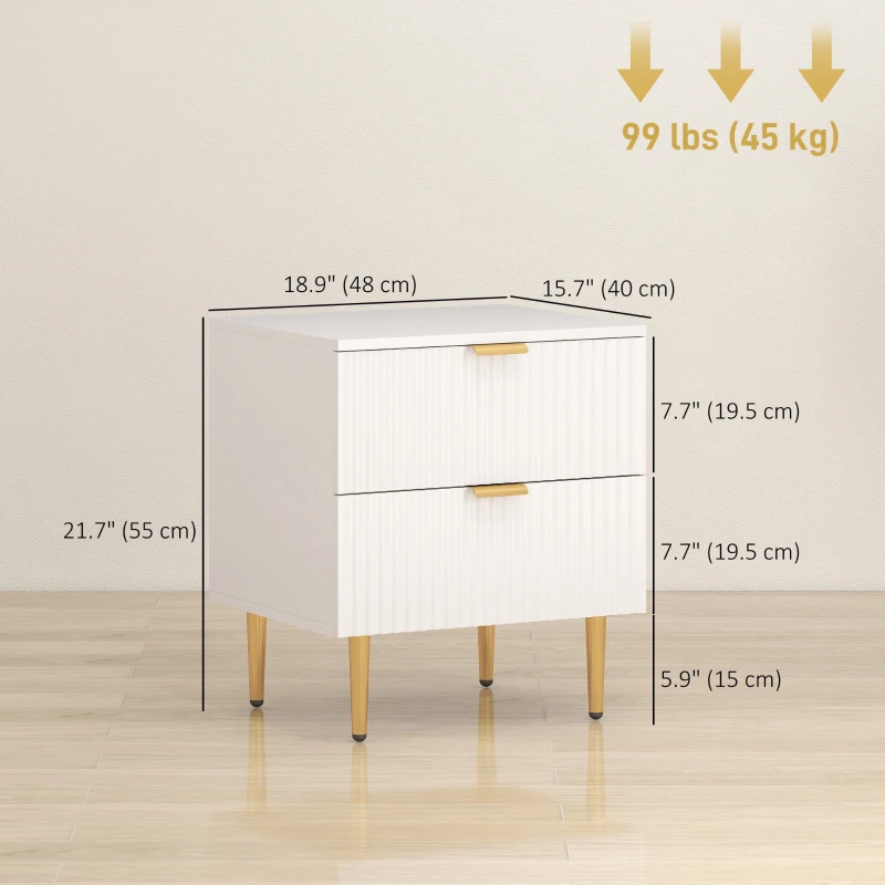 HOMCOM Bedside Table, Modern Nightstand with 2 Drawers, Side End Table with Metal Legs for Living Room, Bedroom, White
