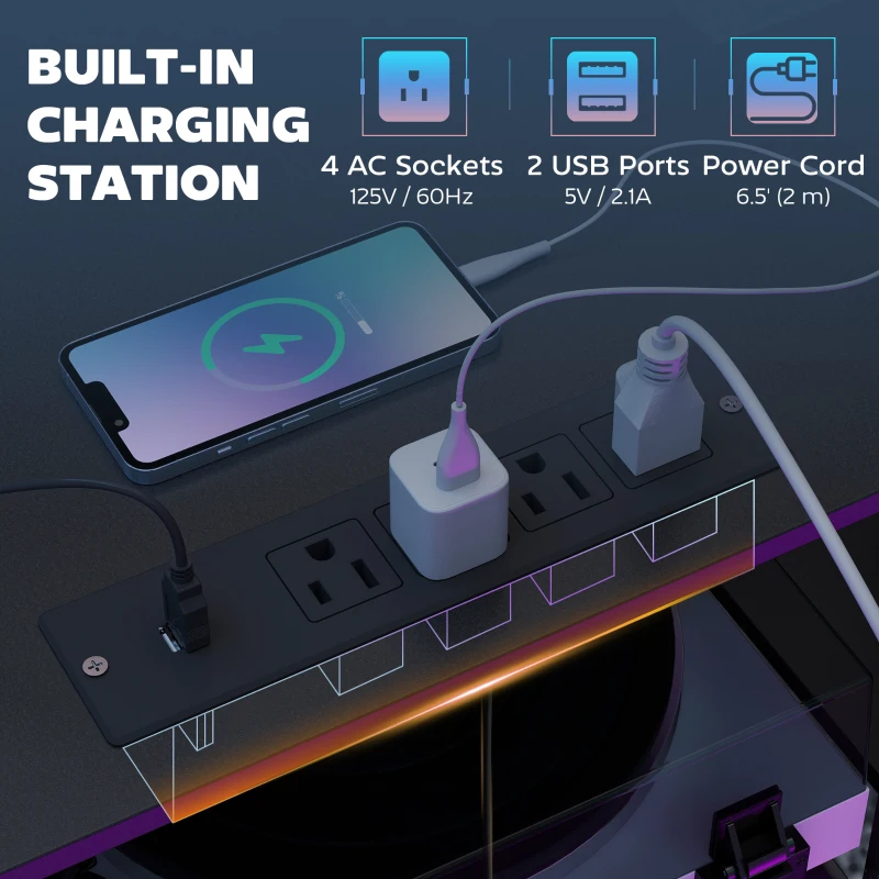 HOMCOM 96 Inch Gaming Desk, Dual Computer Desk for 2 Person with Power Outlets and Monitor Stands, Black