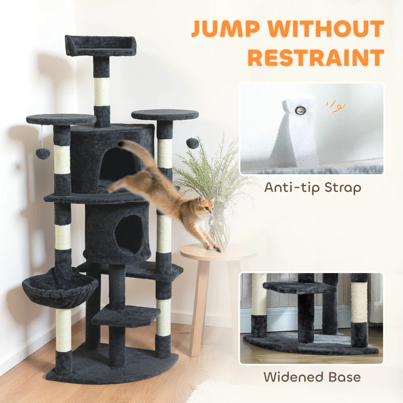 PawHut 62" Cat Tree with Scratching Post, 2 Condos, Hammock, Perches, Plush, Pompoms, for Indoor Cats, Dark Grey