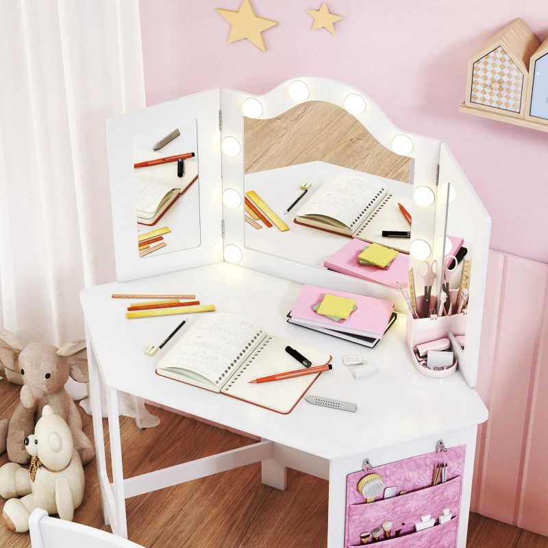 Qaba Kids Vanity Table and Chair Set with Lights, Makeup Dressing Table with Tri-Fold Mirror for Ages 3-8 Years, White