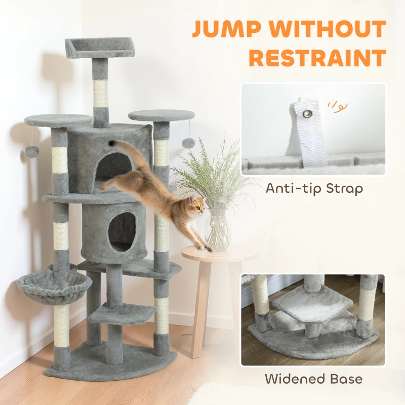 PawHut 62" Cat Tree with Scratching Post, 2 Condos, Hammock, Perches, Plush, Pompoms, for Indoor Cats, Light Grey