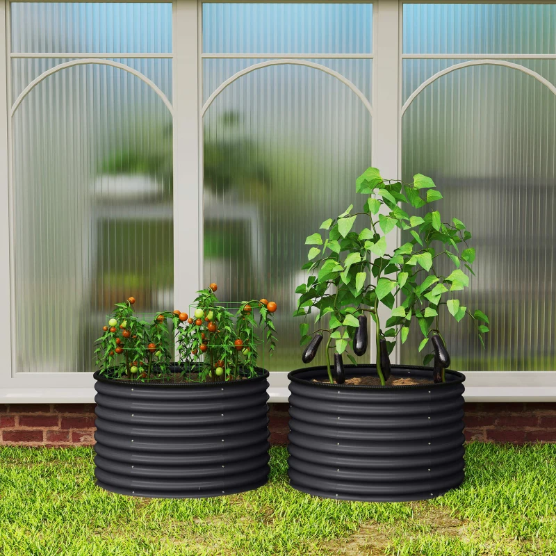 Outsunny Set of 2 Raised Garden Bed, Metal Planter Box with Safety Edging, Easy-to-assemble Stock Tank, Dark Grey