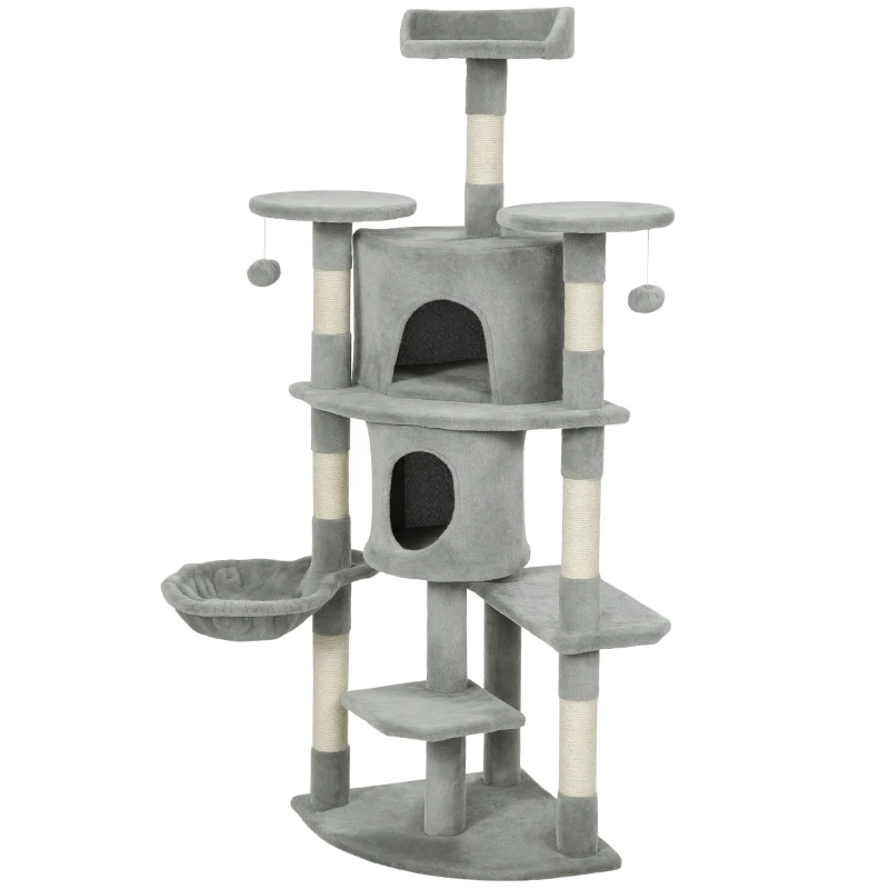 PawHut 62" Cat Tree with Scratching Post, 2 Condos, Hammock, Perches, Plush, Pompoms, for Indoor Cats, Light Grey
