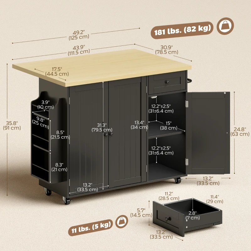 HOMCOM Kitchen Island Cart, Rolling Kitchen Island Table with Drop Leaf, Drawer, Spice and Towel Rack, Black