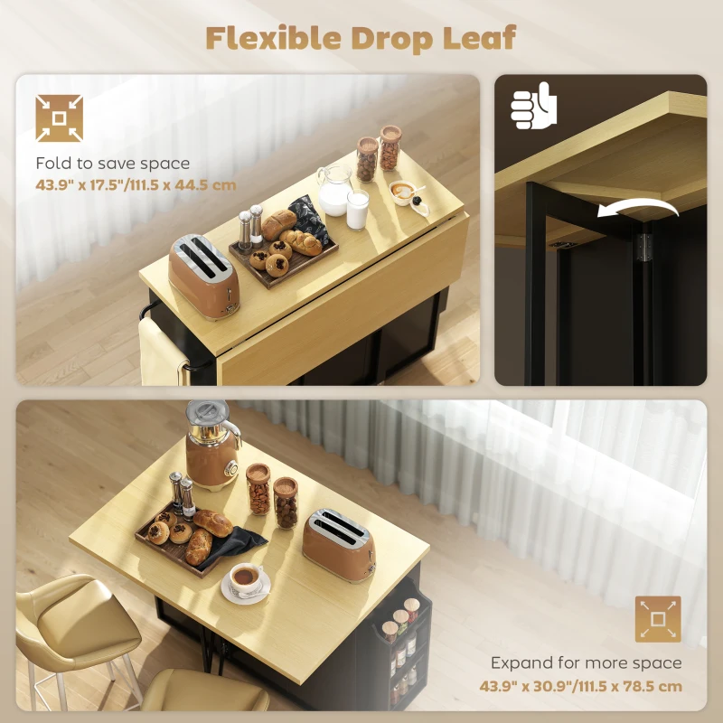 HOMCOM Kitchen Island Cart, Rolling Kitchen Island Table with Drop Leaf, Drawer, Spice and Towel Rack, Black