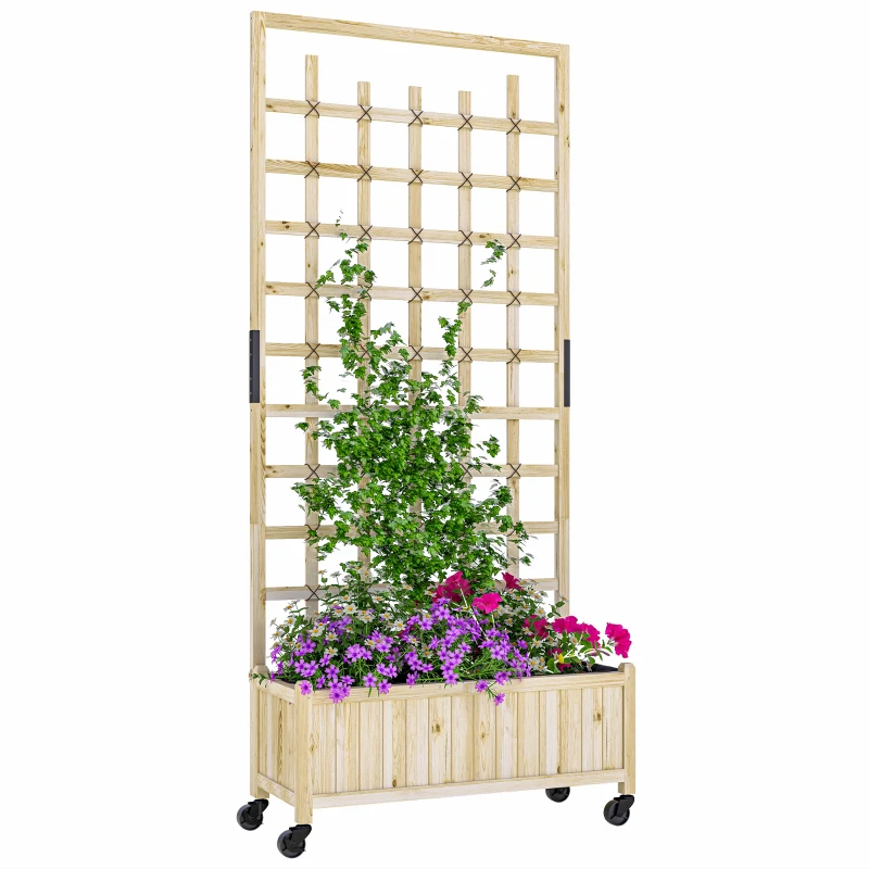 Outsunny Wooden Planter with Trellis, Raised Garden Bed with Wheels, Drainage Holes for Climbing Plants, Flowers, Nature Wood
