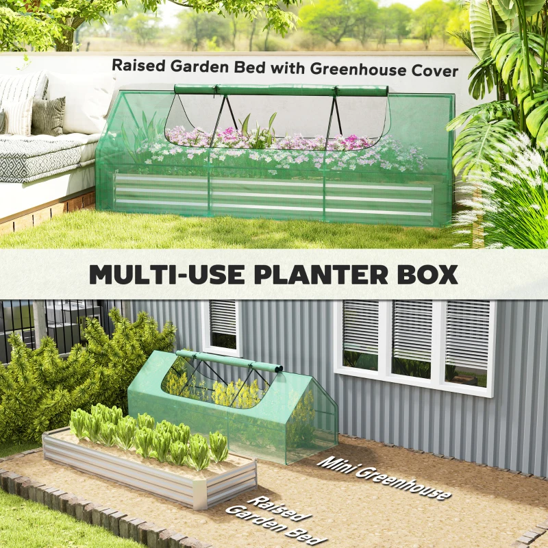 Outsunny 8.6 x 3 x 1ft Raised Garden Bed with Mini Greenhouse, Galvanized Raised Garden Bed with Cover for Herbs and Vegetables, Small Greenhouse for Patio Garden Balcony, Green