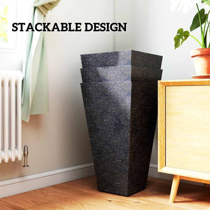 Outsunny 28" Tall Planters, Set of 3 Plastic Flower Pots with Marble Finish and Drainage Holes, Stackable Taper Planters, Black