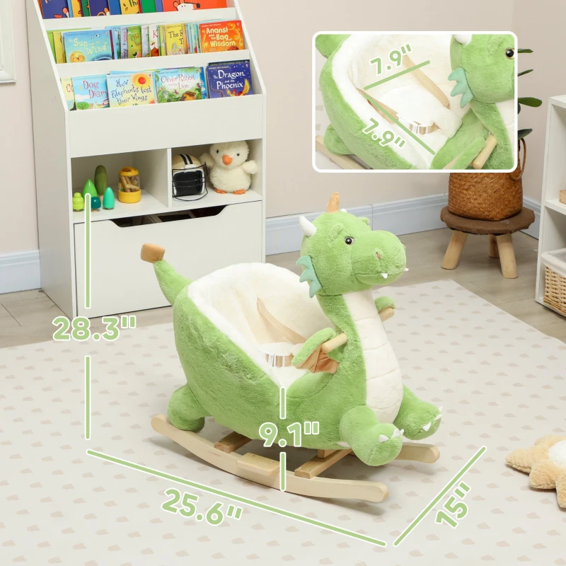 Qaba Baby Rocking Horse, Kids Ride On Dragon Toy with Realistic Dragon Roar and Safety Belt for Kids 18–36 Months, Green