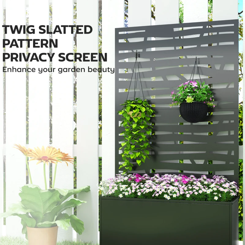 Outsunny Metal Planter Box with Trellis, Raised Garden Bed with Twigs Slatted Cut-Out Privacy Screen and Wheels