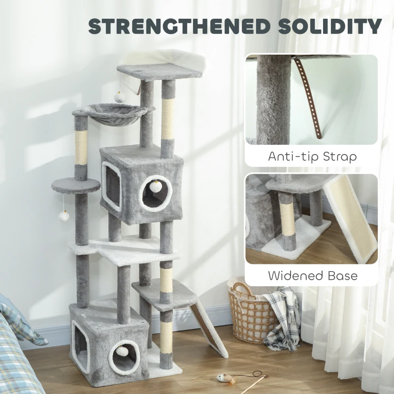 PawHut 65 Inch Cat Tree with 2 Doors Condos, Plush Top Perch, Hammock, Sisal Scratching Posts, 4 Pompoms, Ramp, Grey