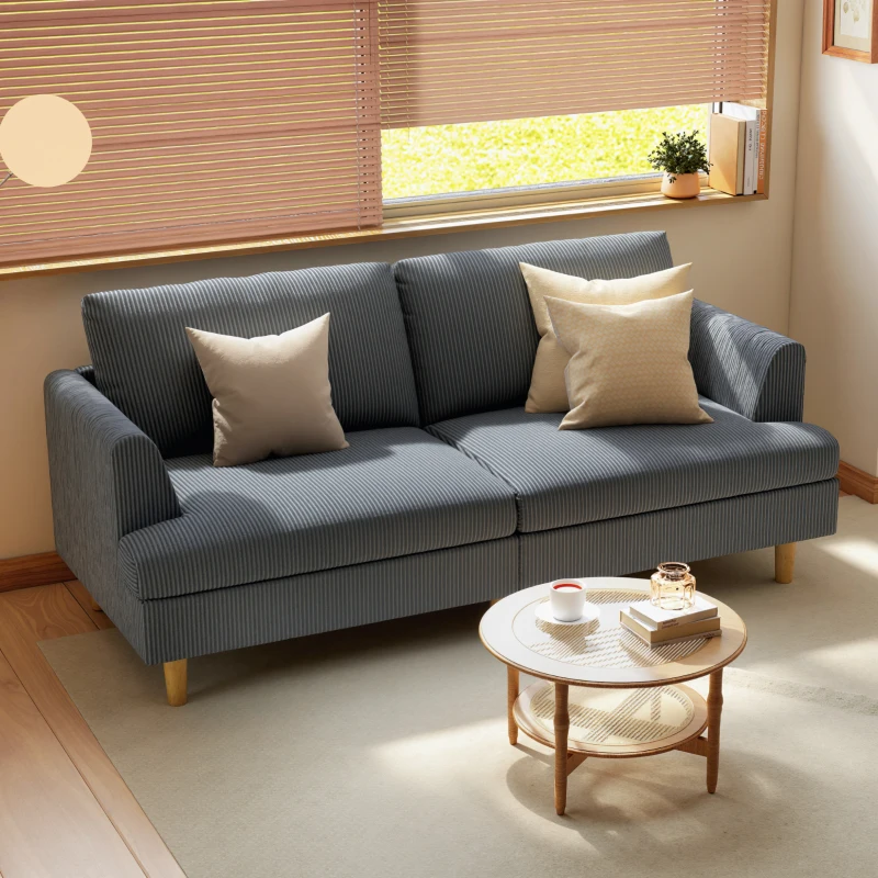 HOMCOM 3 Seater Sofa, 74" Modern Corduroy Upholstered Couch with Thick Spring Cushions, Solid Wood Legs, Armrests, Dark Grey