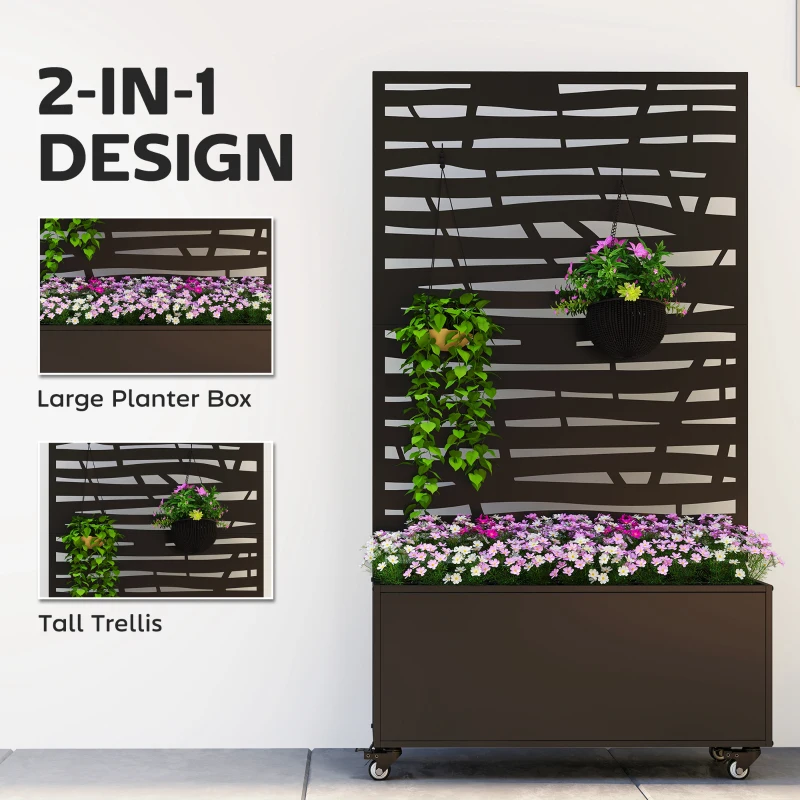Outsunny Metal Planter Box with Trellis, Raised Garden Bed with Twigs Slatted Cut-Out Privacy Screen and Wheels