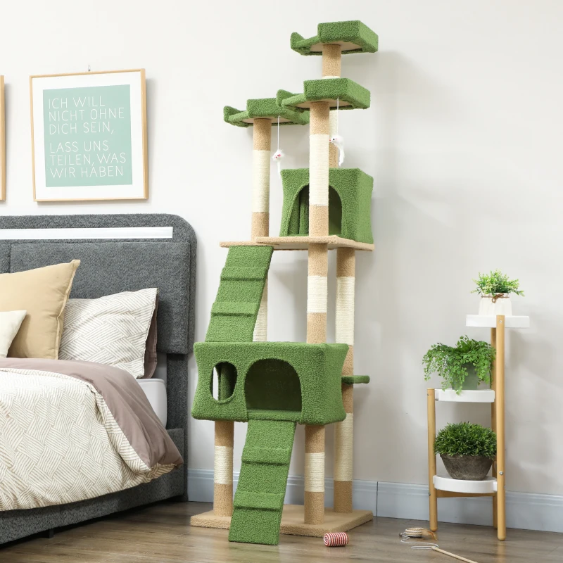 PawHut 68-inch Multi-Level Cat Scratching Tree Kitty Activity Center Post Tower Condo Pet Furniture w/ Toy Green