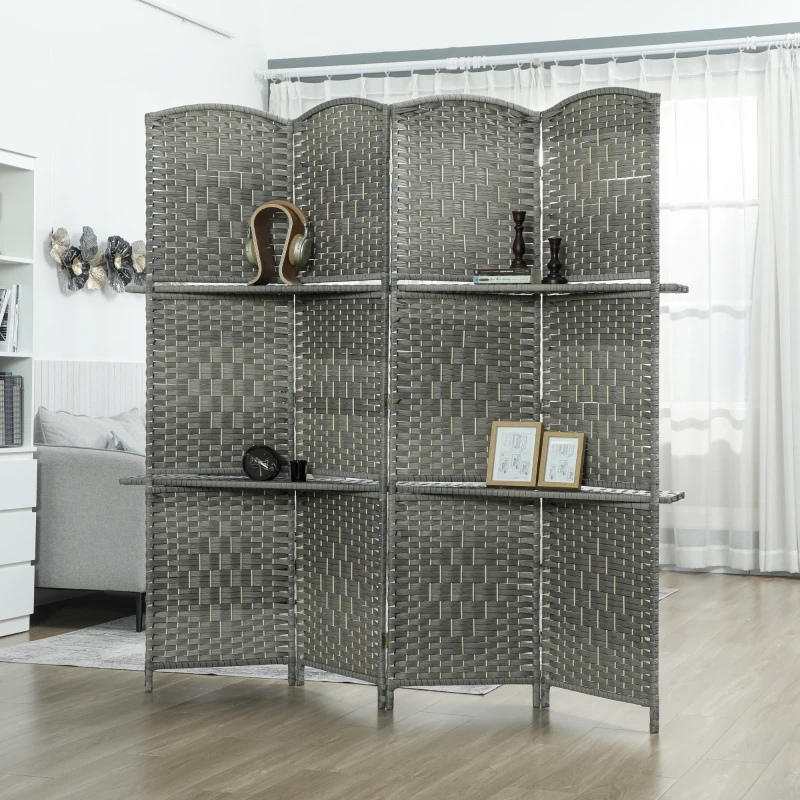 HOMCOM 6 FT Privacy Screen, 4 Panel Room Divider with Shelves for Living Room Bedroom Home Office, Grey