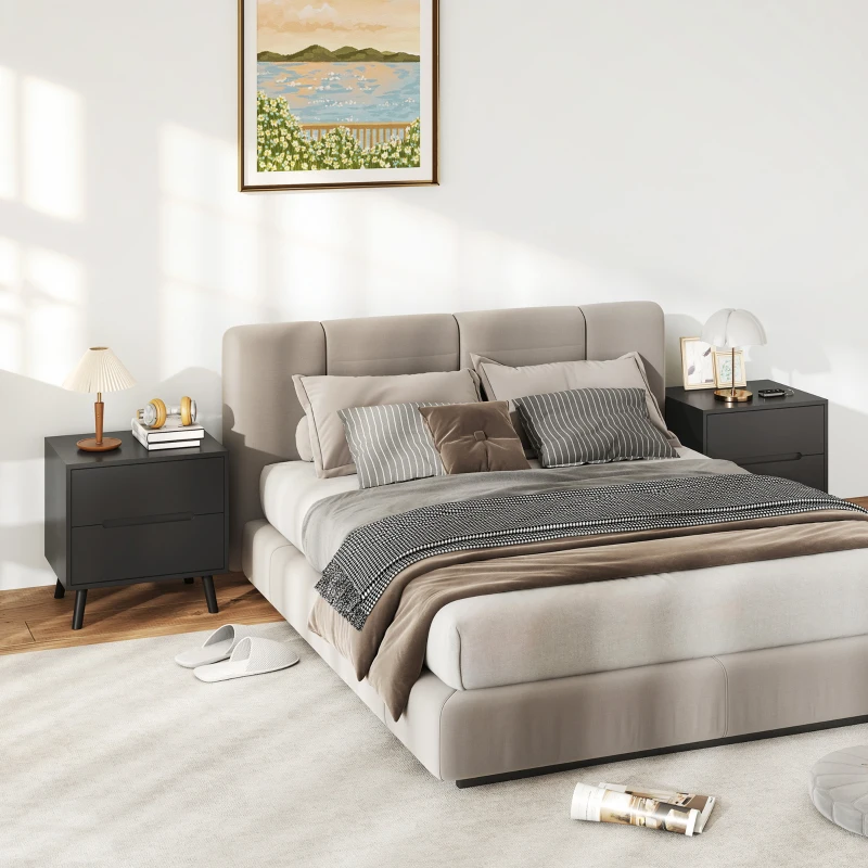 HOMCOM Nightstands Set of 2, Bedside Table with 2 Drawers, Modern Side End Table with Solid  Wood Legs for Bedroom, Black