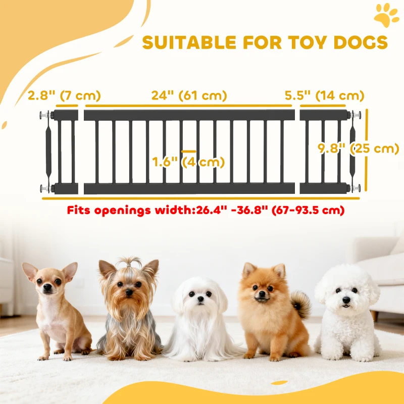 PawHut 26"-37" Dog Gate, Adjustable Pet Gate, Fits 10" Tall with 2 Extension, Pressure Mount Kit for Stairs and Doorways, Black