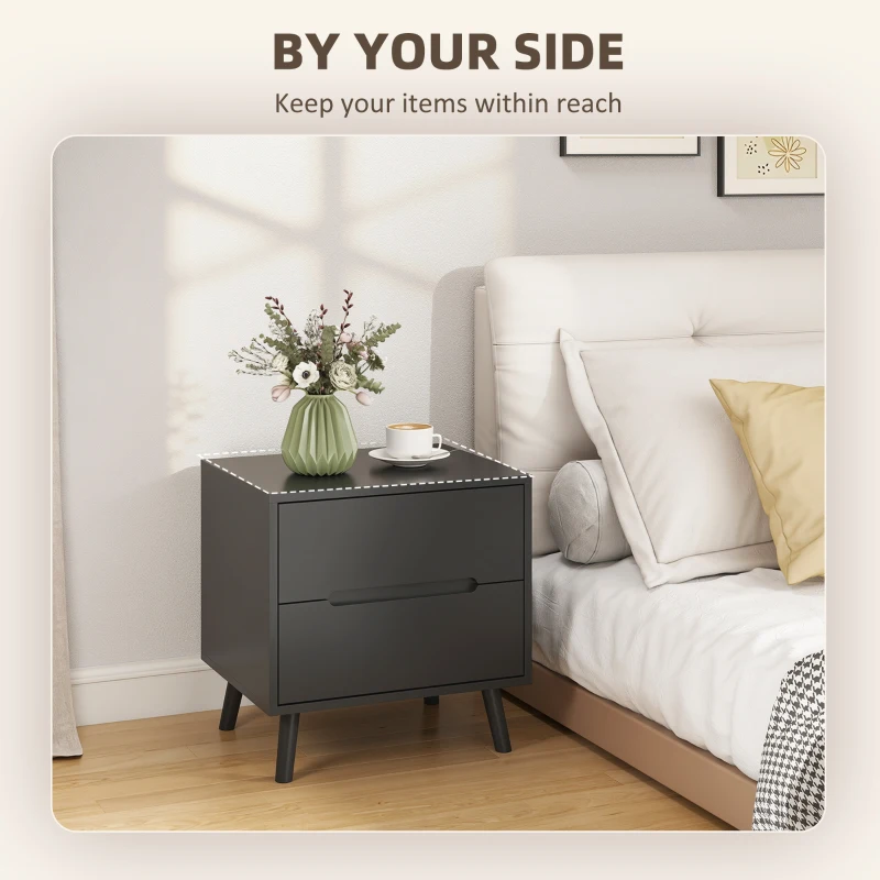 HOMCOM Nightstands Set of 2, Bedside Table with 2 Drawers, Modern Side End Table with Solid  Wood Legs for Bedroom, Black