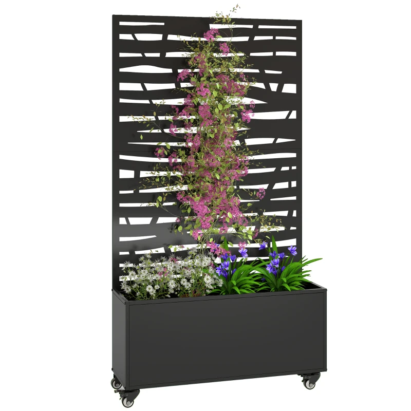 Outsunny Metal Planter Box with Trellis, Raised Garden Bed with Twigs Slatted Cut-Out Privacy Screen and Wheels