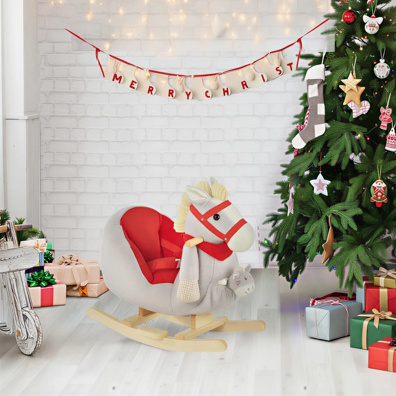 Qaba Kids Ride-On Rocking Horse Toy, Rocker with Lullaby Song, Hand Puppets & Soft Plush Fabric for Children 18-36 Months, Gray