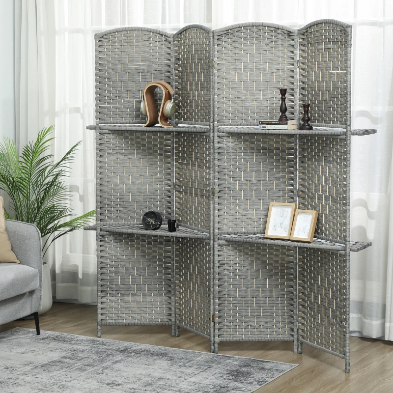 HOMCOM 6 FT Privacy Screen, 4 Panel Room Divider with Shelves for Living Room Bedroom Home Office, Grey