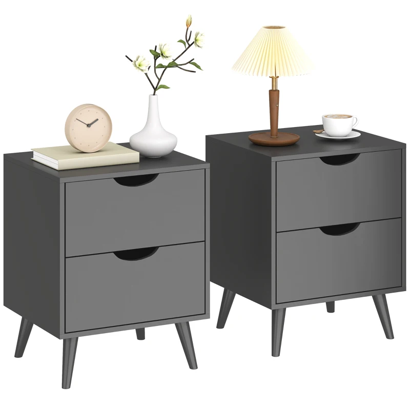 HOMCOM Modern Bedside Table Set of 2, Nightstand with 2 Drawers and Pine Wood Legs for Bedroom, Living Room, Black