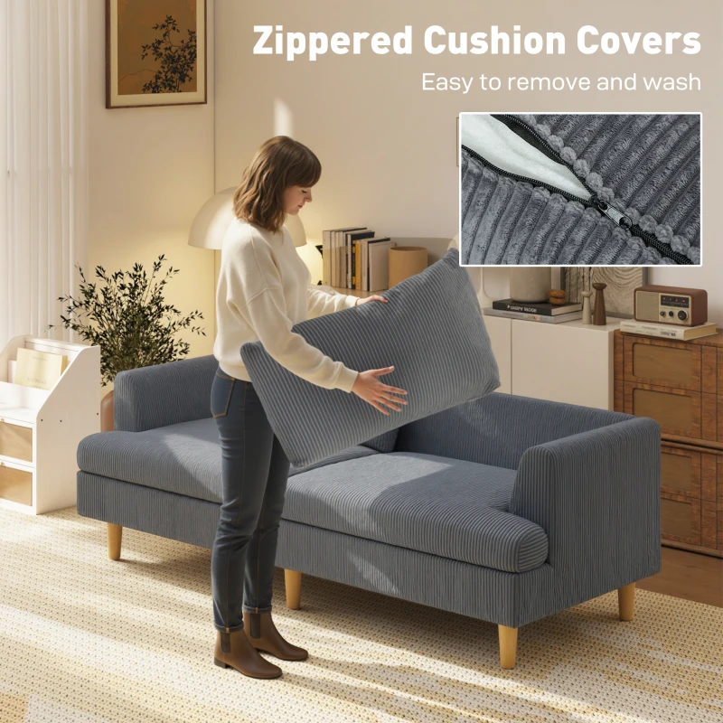 HOMCOM 3 Seater Sofa, 74" Modern Corduroy Upholstered Couch with Thick Spring Cushions, Solid Wood Legs, Armrests, Dark Grey