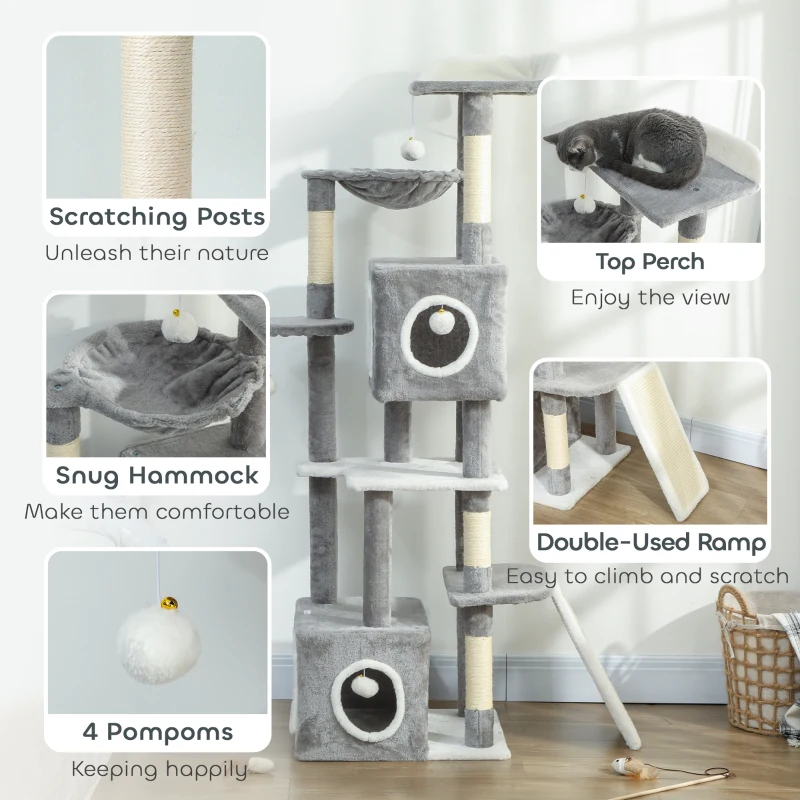 PawHut 65 Inch Cat Tree with 2 Doors Condos, Plush Top Perch, Hammock, Sisal Scratching Posts, 4 Pompoms, Ramp, Grey