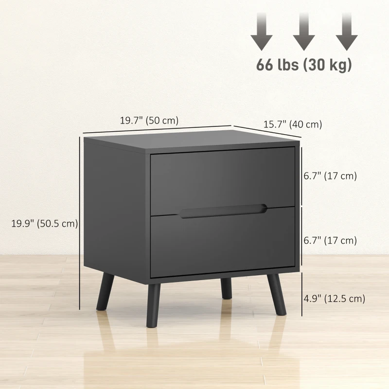 HOMCOM Nightstands Set of 2, Bedside Table with 2 Drawers, Modern Side End Table with Solid  Wood Legs for Bedroom, Black