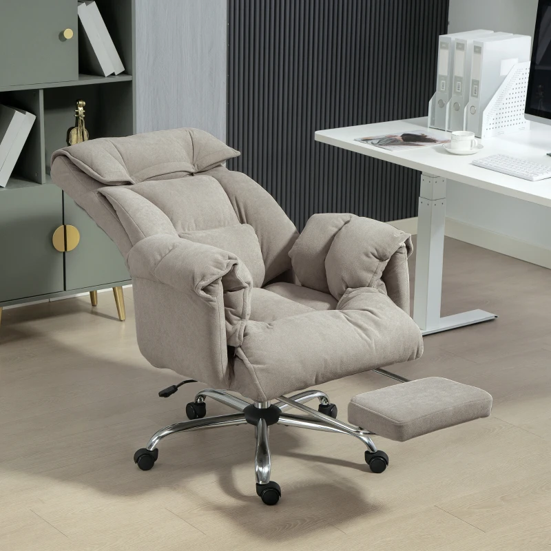 HOMCOM High Back Office Chair, Reclining Desk Chair with Footrest, High Resilience Foam, Rolling Wheels, Light Taupe Gray