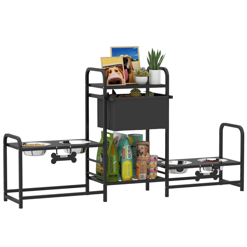PawHut 3 Height Adjustable Dog Bowl Stand with 2 Feeding Stations, Toy Bin Basket, Black