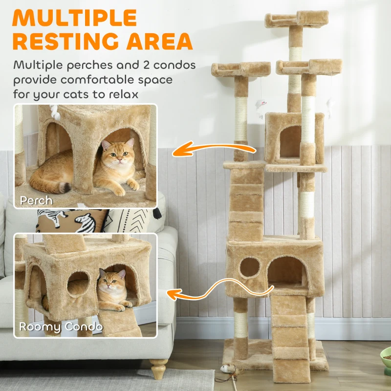 PawHut 68-inch Multi-Level Cat Scratching Tree Kitty Activity Center Post Tower Condo Pet Furniture w/ Toy Light Brown