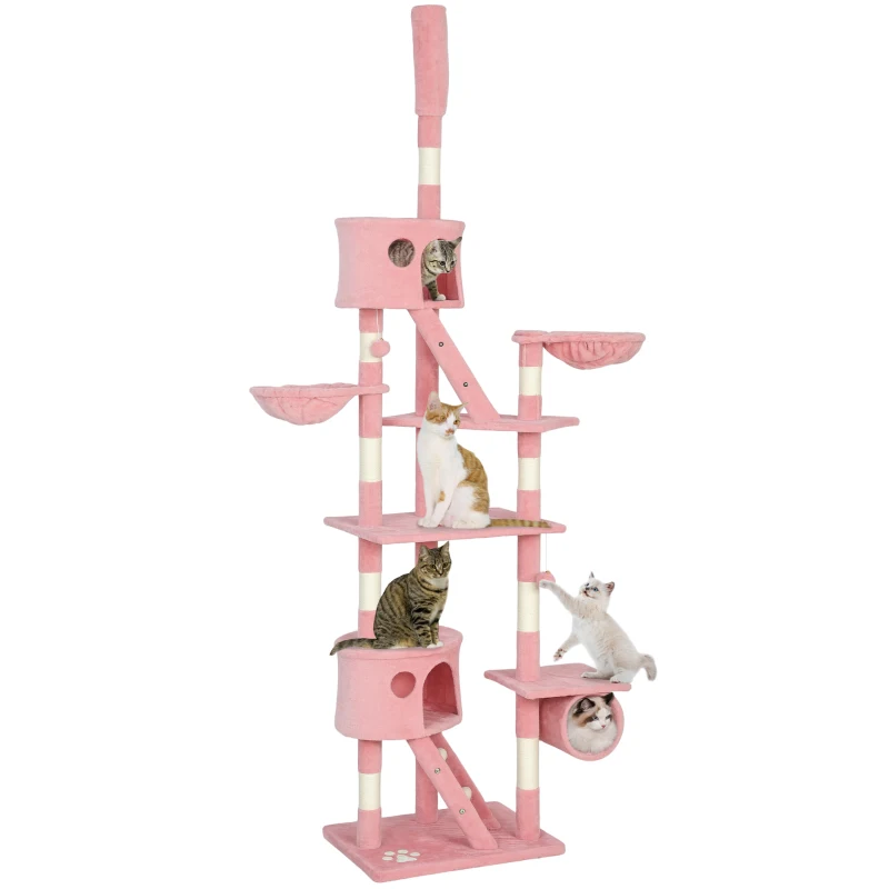 PawHut 94"-102" Floor to Ceiling Cat Tree High Cat Condo Scratching Post Activity Center Multi-Level Play House Pink