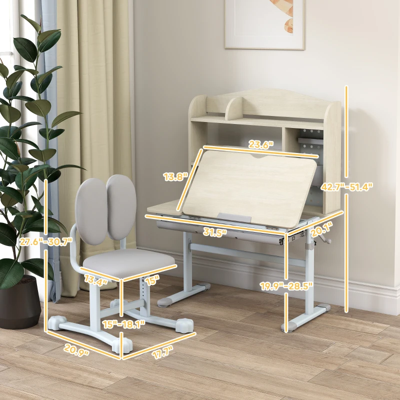 Qaba Kids Study Desk and Chair Set with Adjustable Height, Tiltable Desktop, Hutch and Drawer for Ages 3-12, Gray