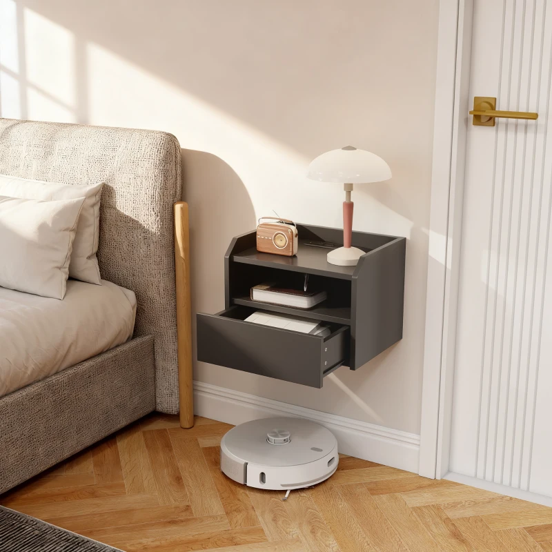 HOMCOM Wall Mounted Bedside Table, Set of 2 Floating Nightstand with Charging Station, Drawer and Open Shelf for Bedroom, Black