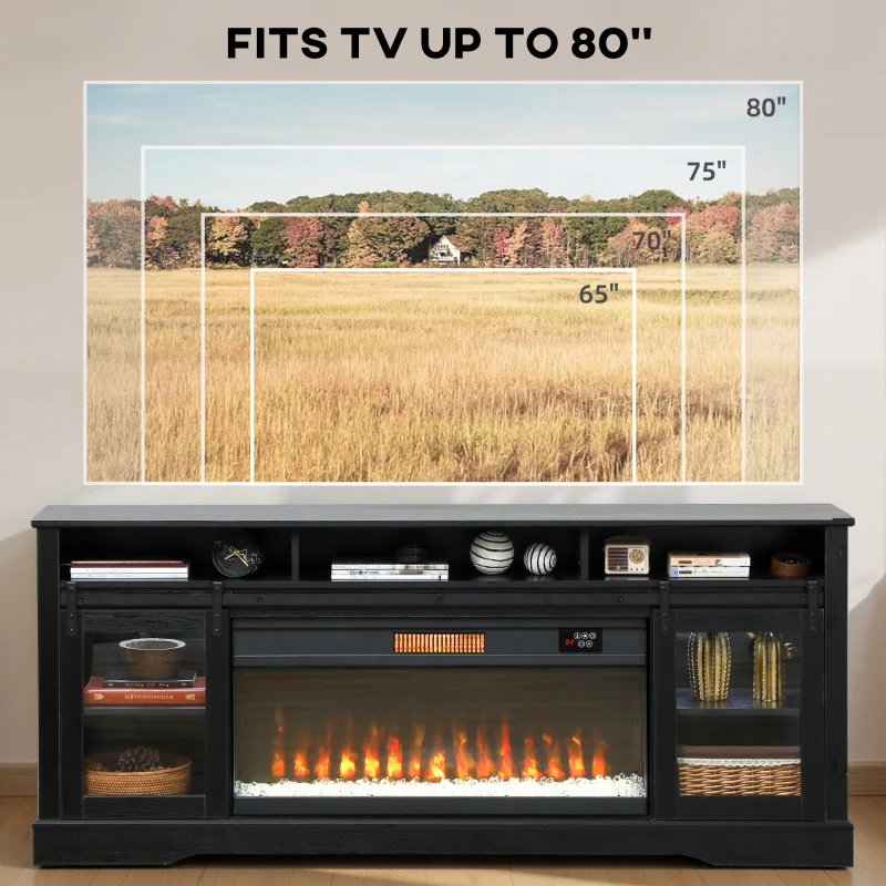 HOMCOM Fireplace TV Stand for TVs Up to 80 Inch, TV Console with Electric Fireplace, Open Storage and Side Cabinets, Black