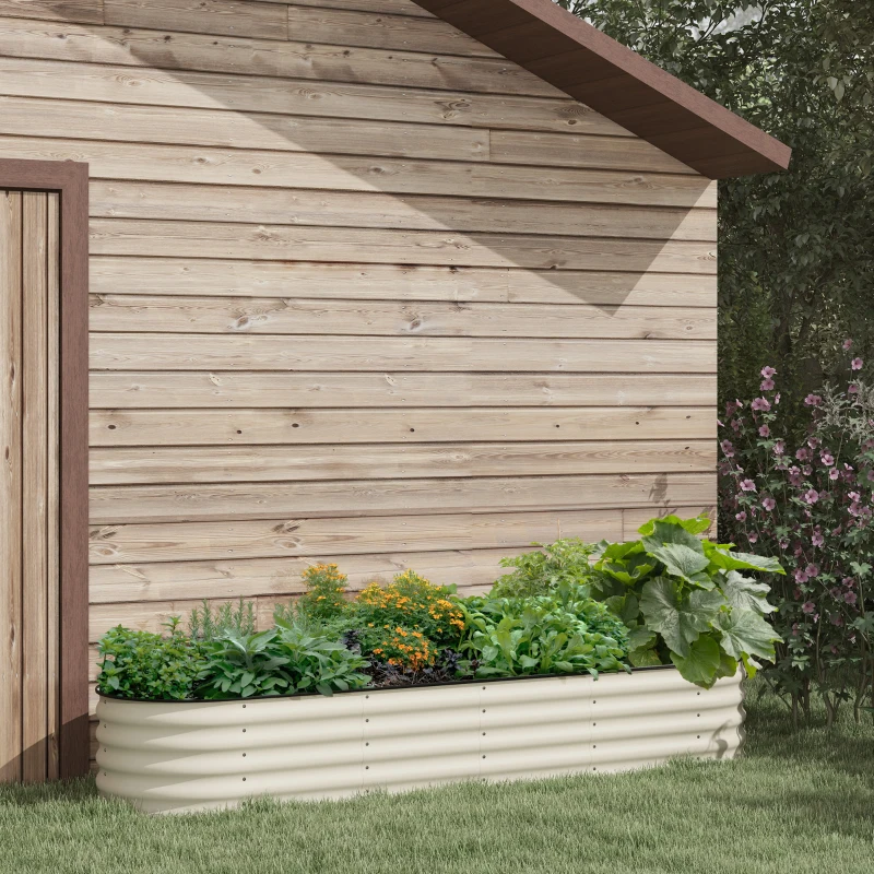 Outsunny 8 x 2 x 1.5 FT Galvanized Steel Raised Garden Bed, Metal Garden Bed Planter Box with Safety Edging, Cream White