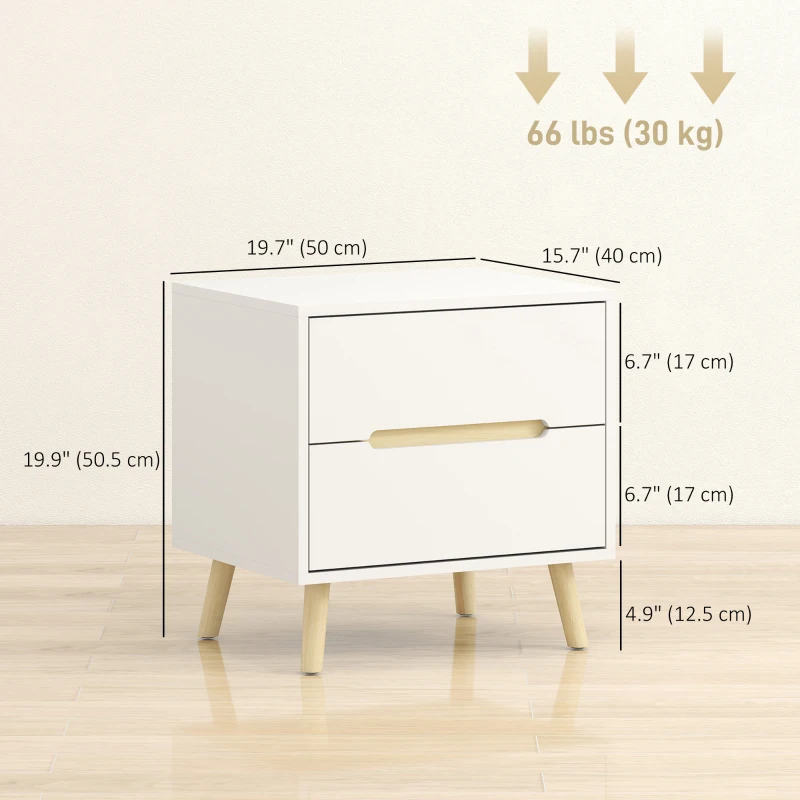 HOMCOM Nightstands Set of 2, Bedside Table with 2 Drawers, Modern Side End Table with Solid  Wood Legs for Bedroom, White