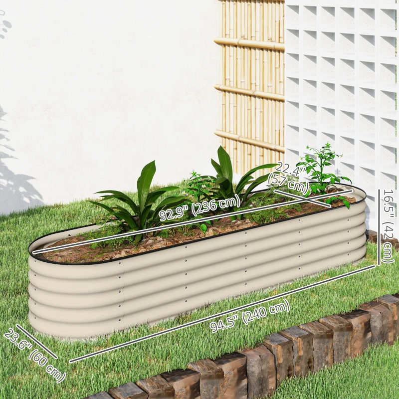 Outsunny 8 x 2 x 1.5 FT Galvanized Steel Raised Garden Bed, Metal Garden Bed Planter Box with Safety Edging, Cream White