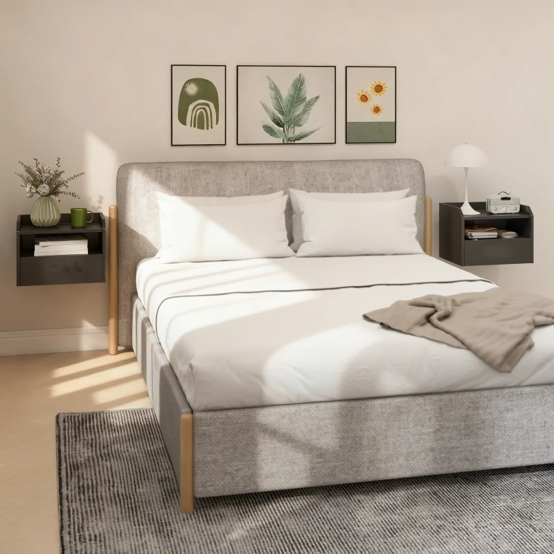 HOMCOM Wall Mounted Bedside Table, Set of 2 Floating Nightstand with Charging Station, Drawer and Open Shelf for Bedroom, Black